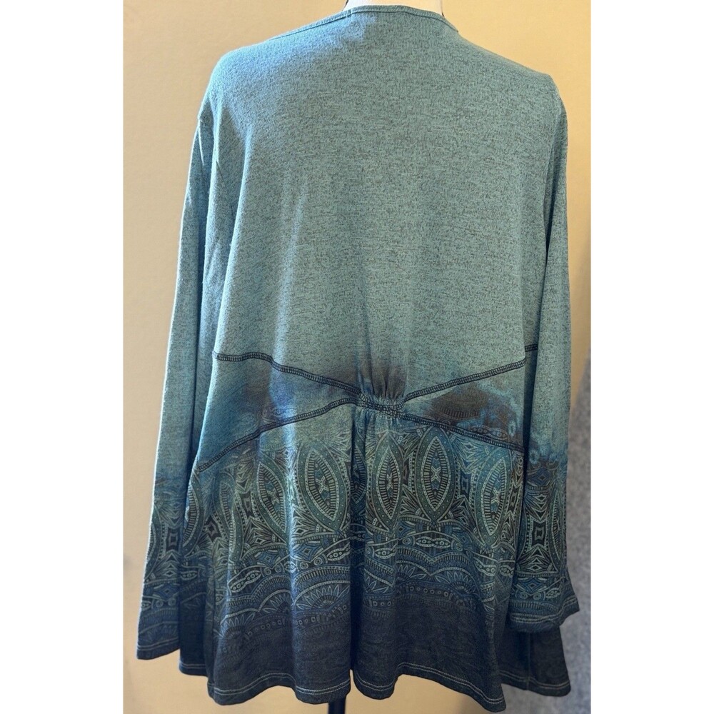 One World Women's 1X Teal Paisley Ombre Waterfall Cardigan Boho Open Front - Picture 4 of 8